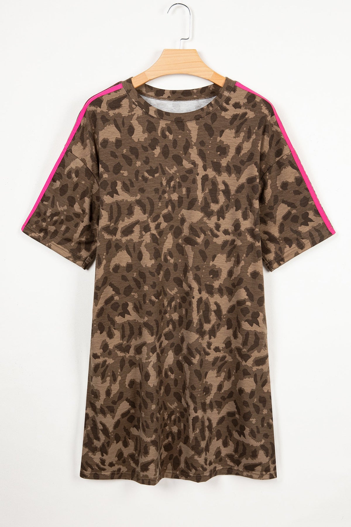 Vestito Mini a T-shirt Marrone con Stampa Leopardata e Tasche