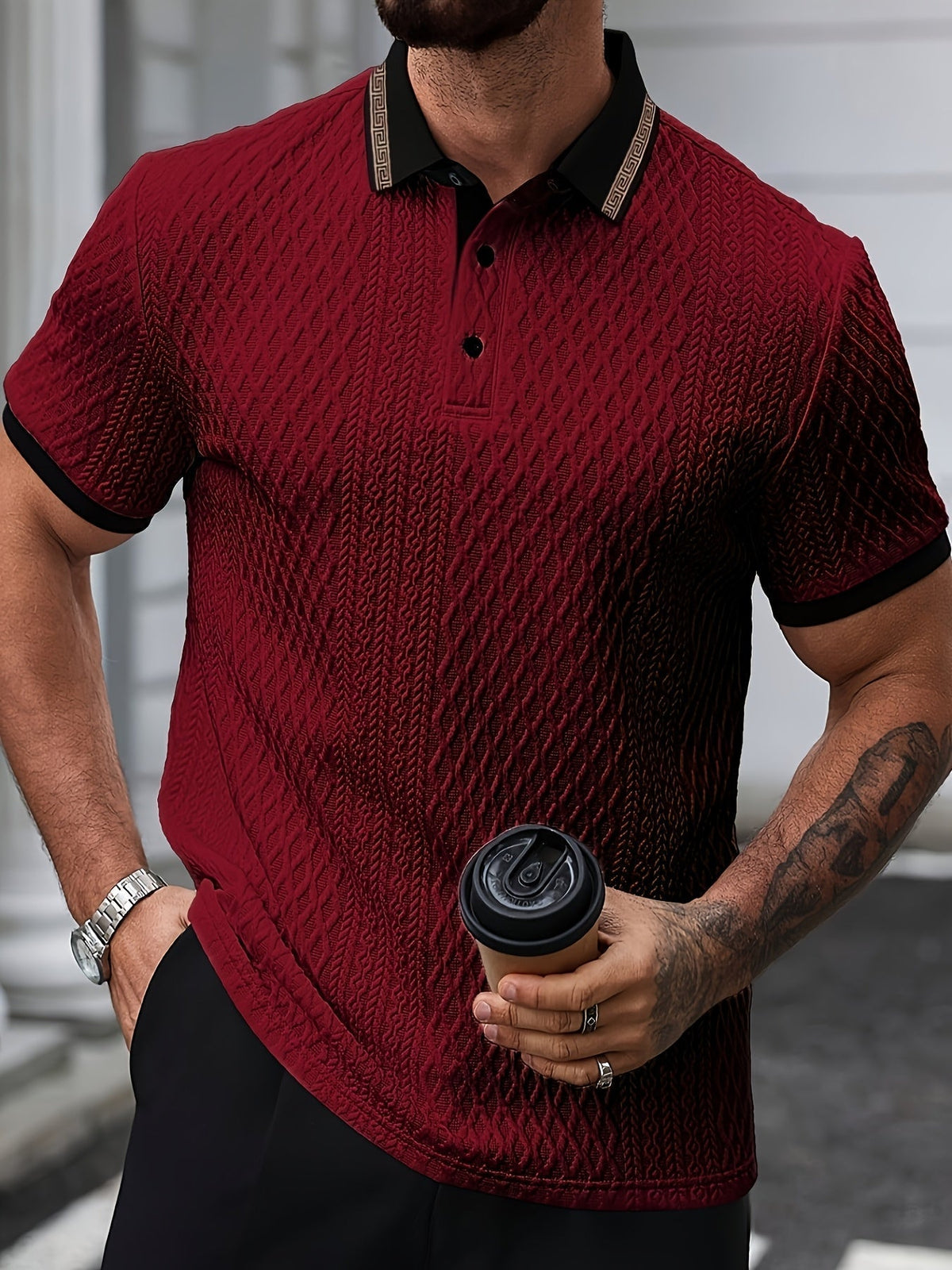 Polo da Uomo a Trama Lavorata a Maniche Corte Slim Fit Traspirante