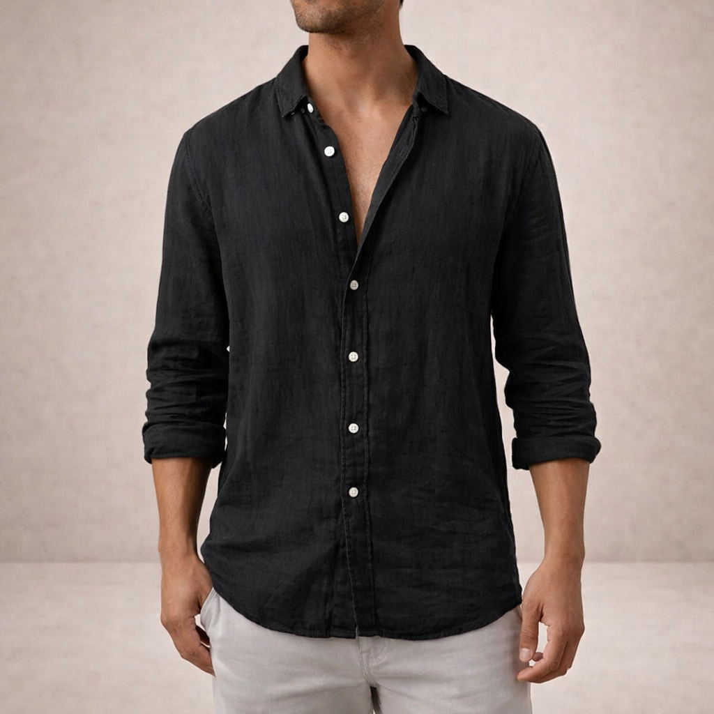 Camicia Uomo in Lino a Maniche Lunghe | Camicia Casual Regular Fit con Collo Aperto | Tessuto Leggero e Traspirante Estivo