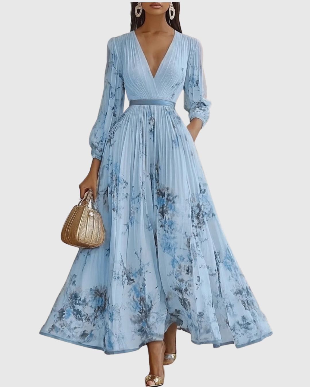 Abito Maxi Plissettato da Donna con Maniche Lunghe – Scollo a V Floreale a Linea A