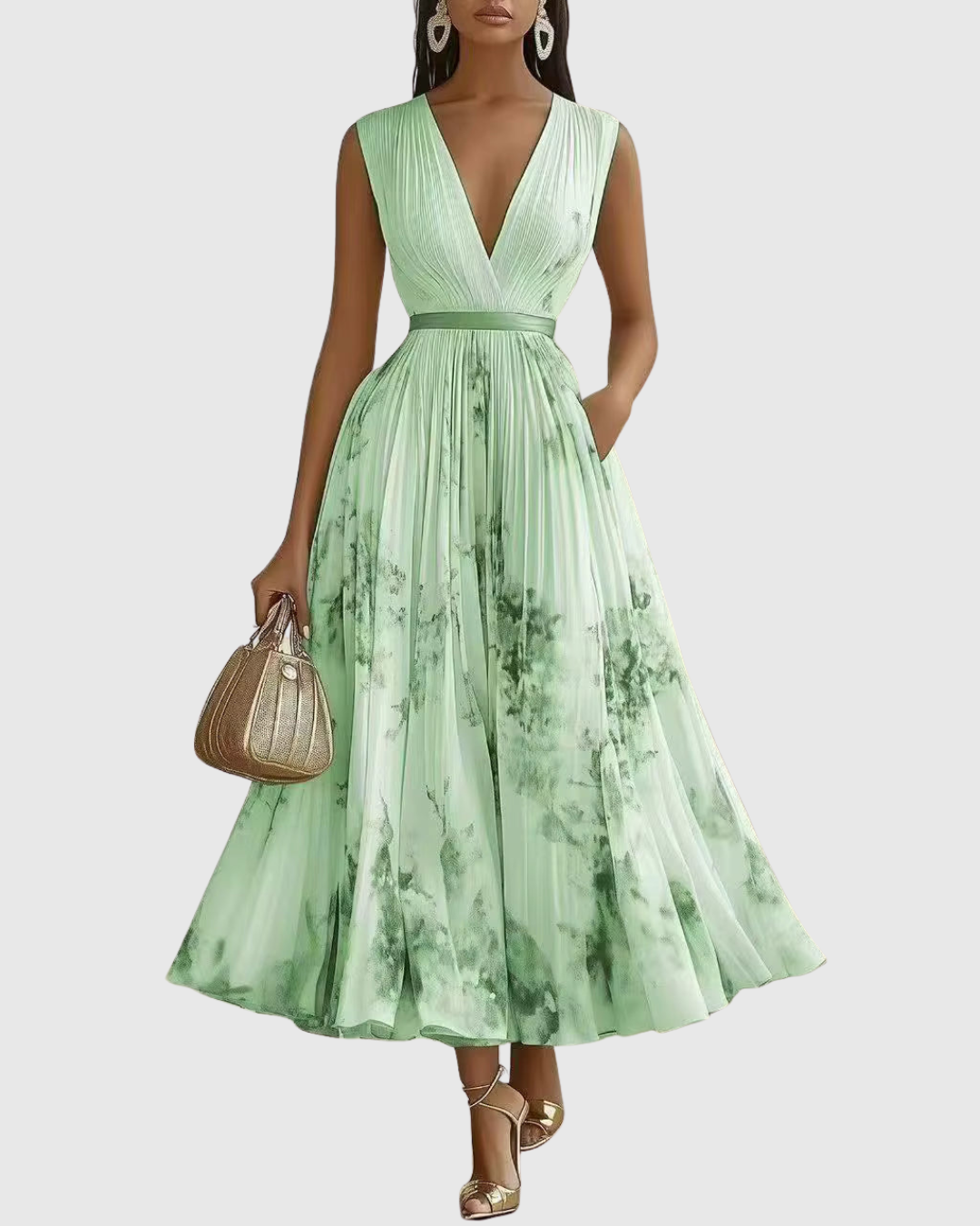 Abito Maxi Plissettato da Donna con Maniche Lunghe – Scollo a V Floreale a Linea A