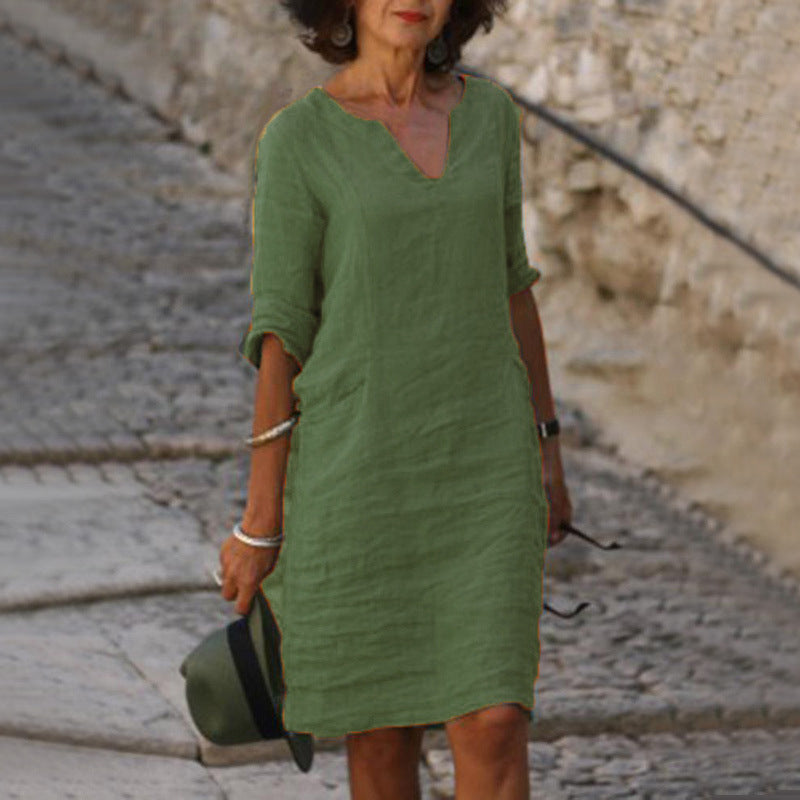 Abito casual in lino con scollo a V e vestibilità rilassata da donna