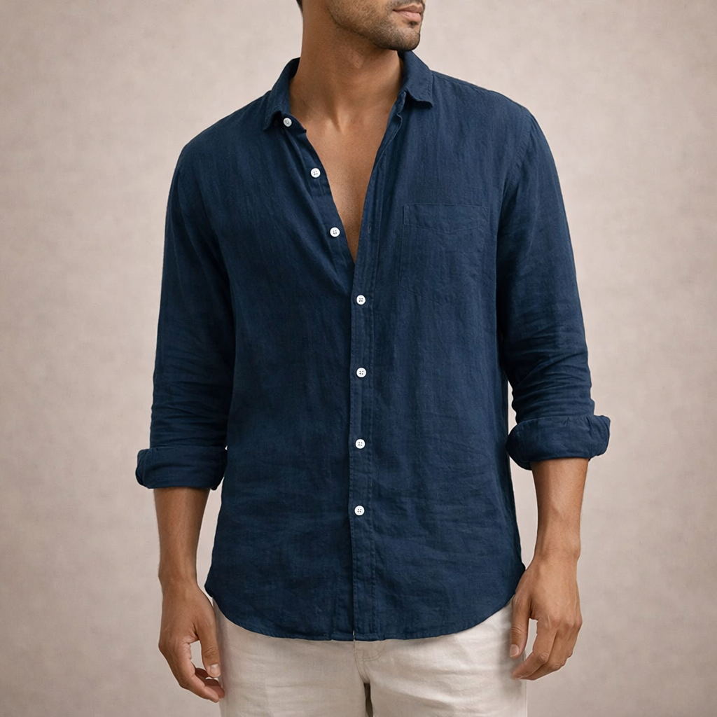 Camicia Uomo in Lino a Maniche Lunghe | Camicia Casual Regular Fit con Collo Aperto | Tessuto Leggero e Traspirante Estivo