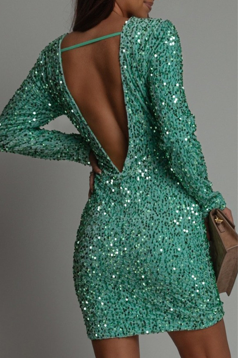 Elegante miniabito da donna con paillettes, maniche lunghe e schiena scoperta | Heidi-Mode