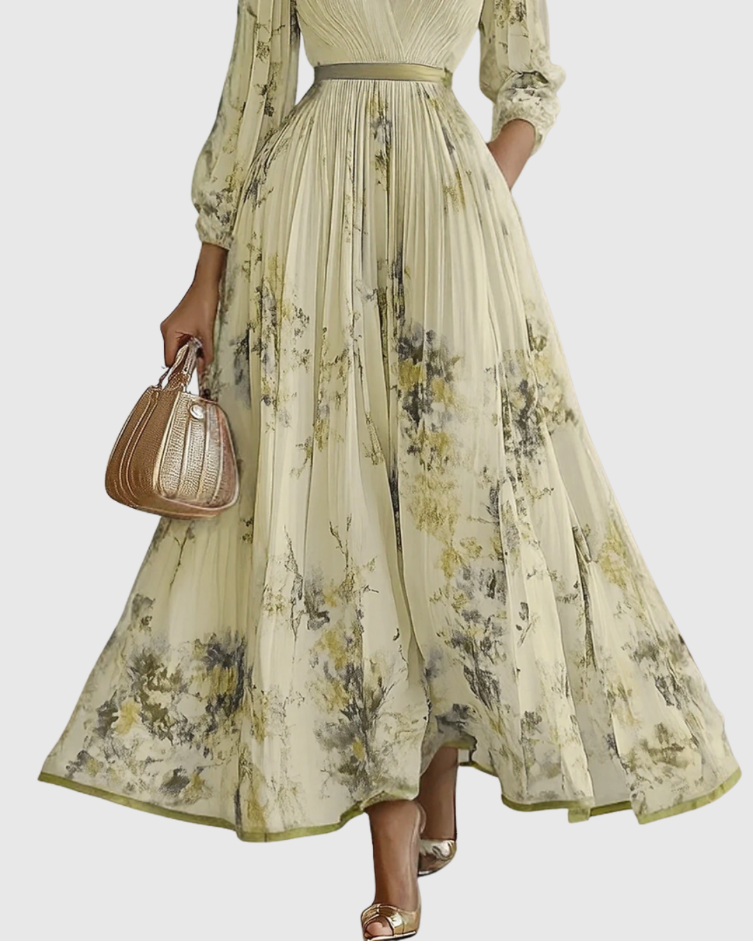 Abito Maxi Plissettato da Donna con Maniche Lunghe – Scollo a V Floreale a Linea A