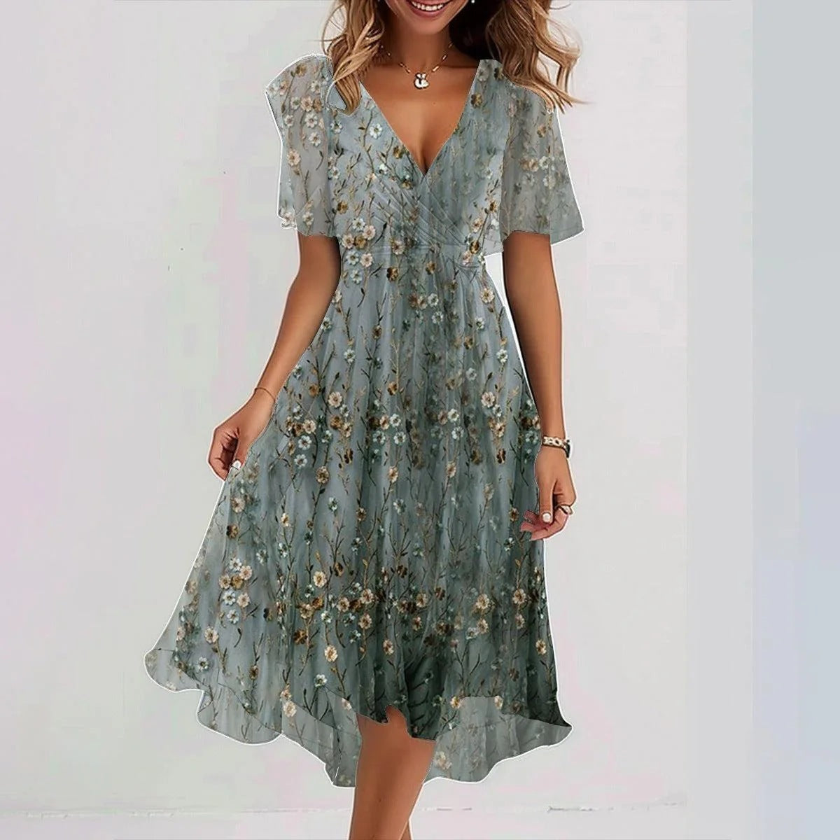Emily Vestito Midi Donna – Abito Leggero in Chiffon con Stampa Floreale, Scollo a V e Vita Aderente