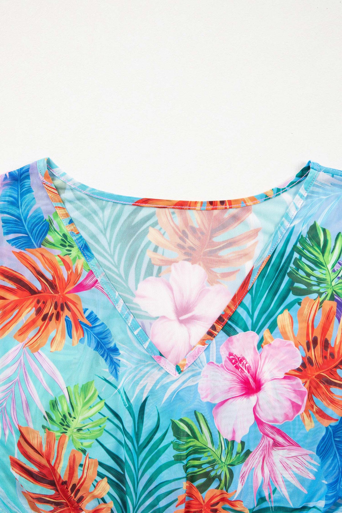 Vestito Copricostume da Spiaggia Semitrasparente con Scollo a V e Stampa Tropicale Celeste