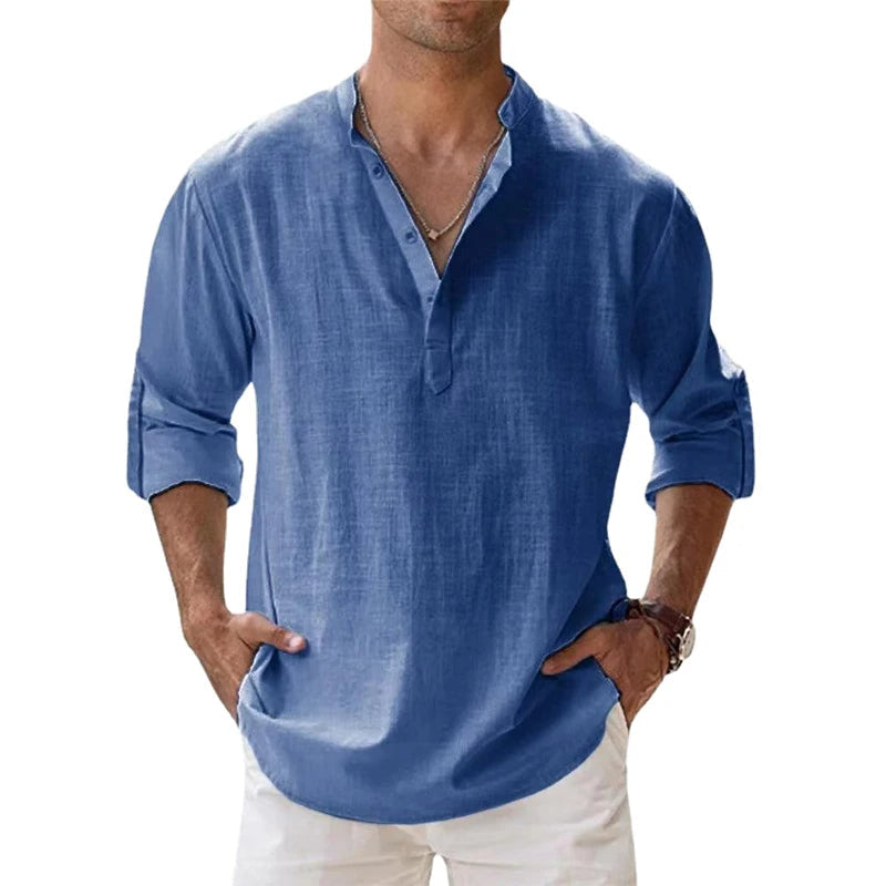 Camicia Henley in Lino da Uomo Vestibilità Comoda Top Estivo con Bottoni
