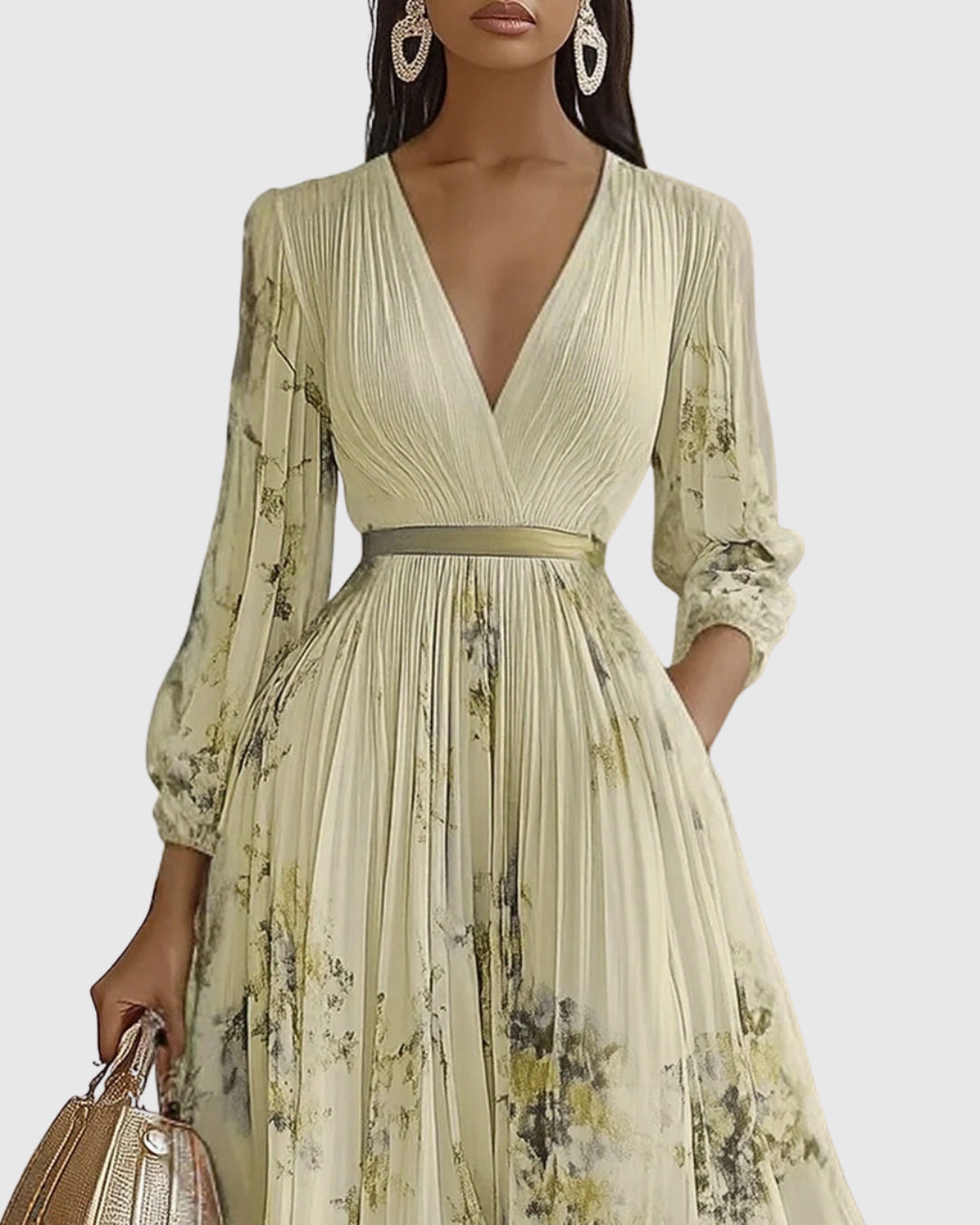 Abito Maxi Plissettato da Donna con Maniche Lunghe – Scollo a V Floreale a Linea A
