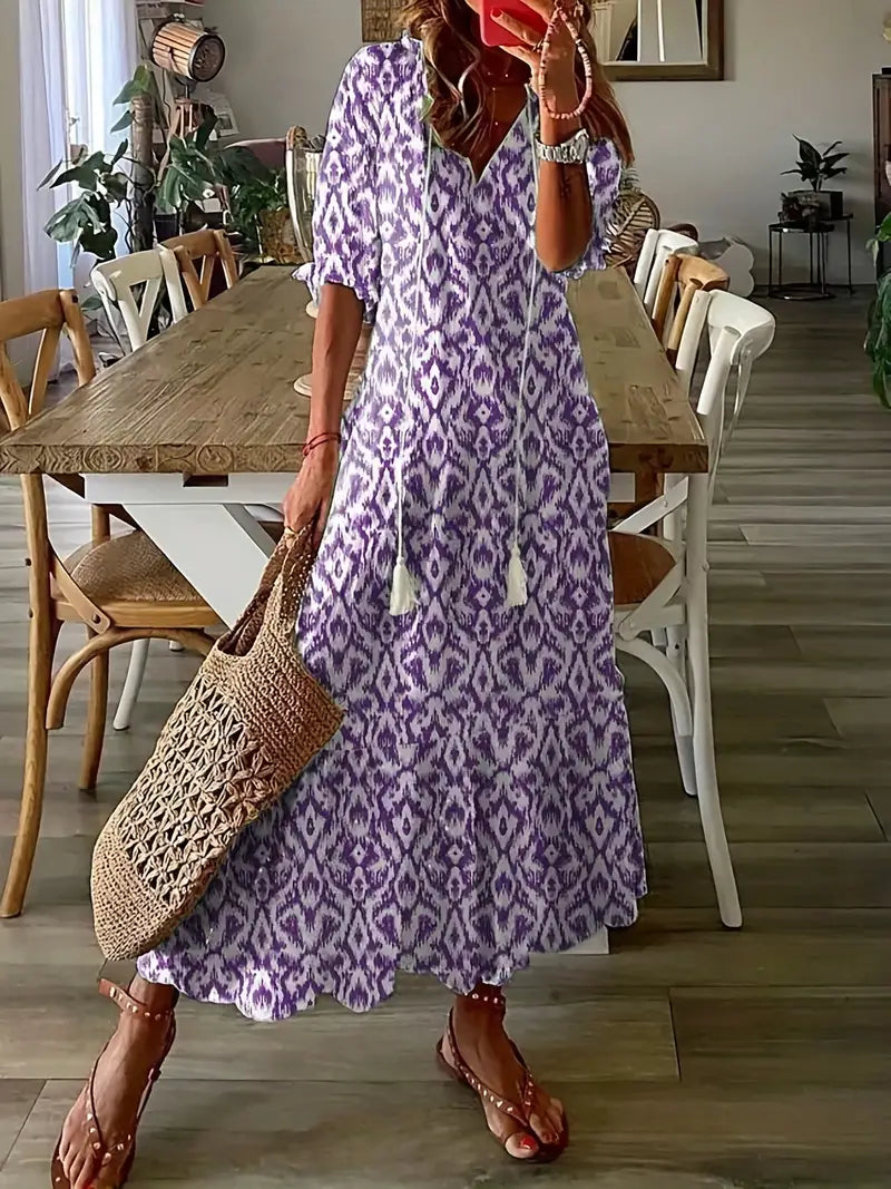 Abito Boho Charm da Donna – Elegante Vestito Estivo a Volant con Scollo a V e Motivo Ikat