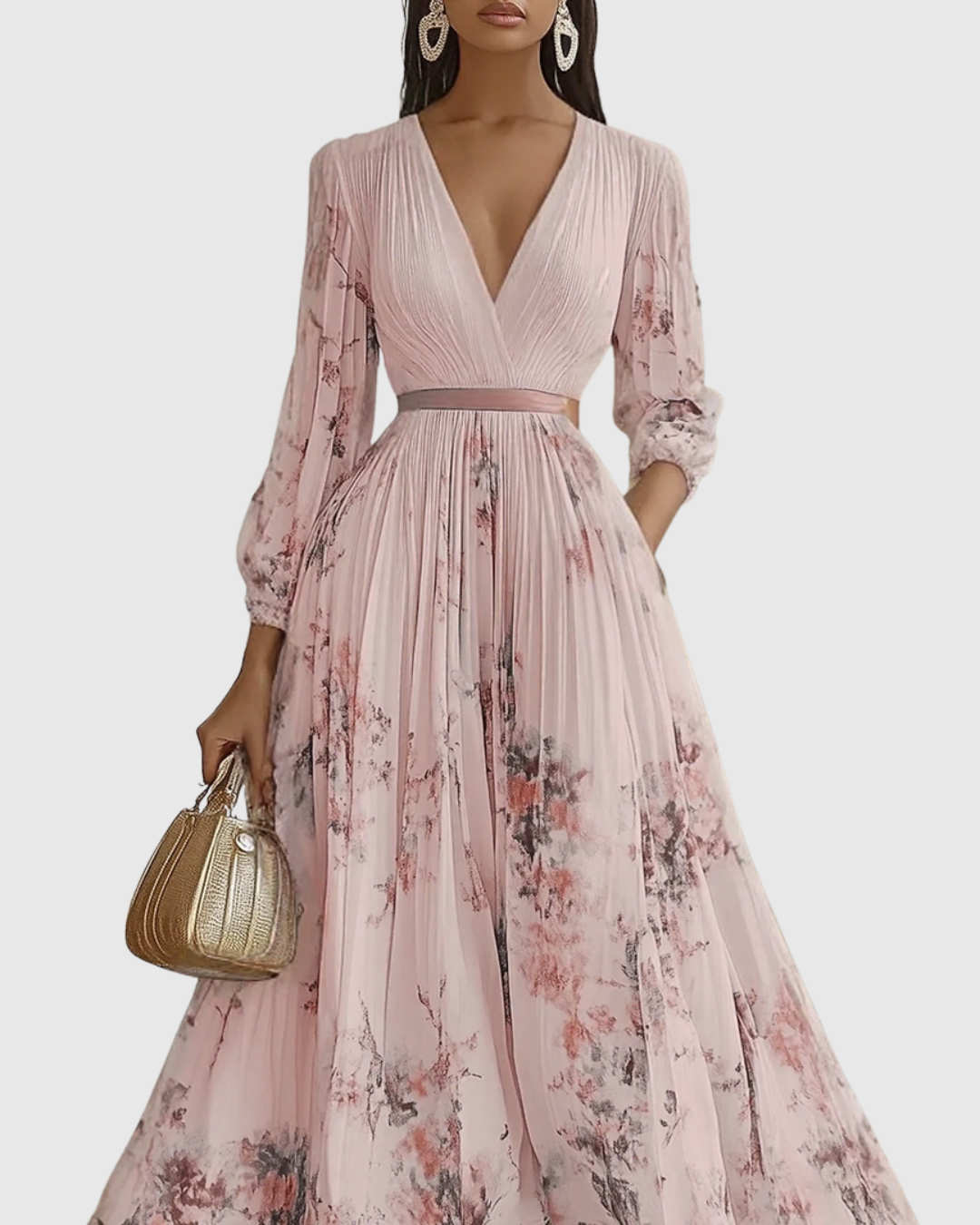 Abito Maxi Plissettato da Donna con Maniche Lunghe – Scollo a V Floreale a Linea A