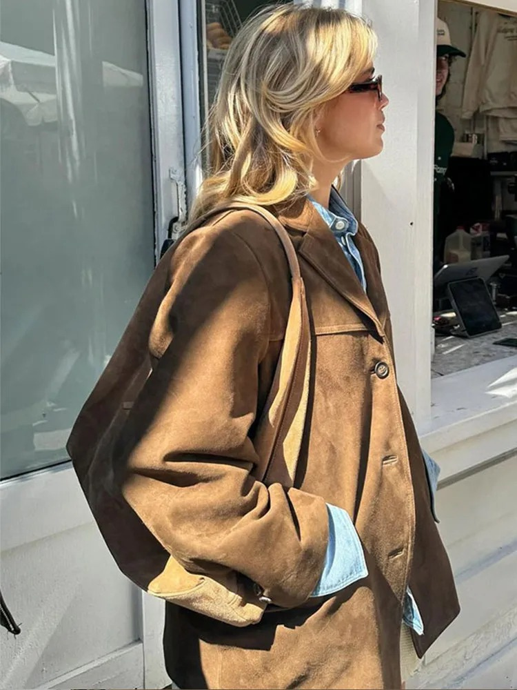 Giacca Blazer Oversize Elegante in Pelle Scamosciata Marrone