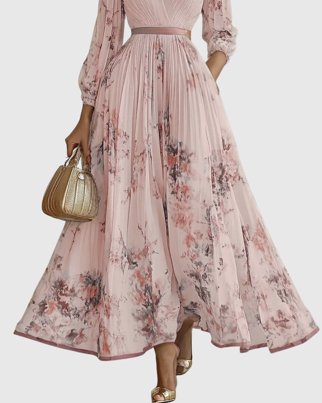 Abito Maxi Plissettato da Donna con Maniche Lunghe – Scollo a V Floreale a Linea A