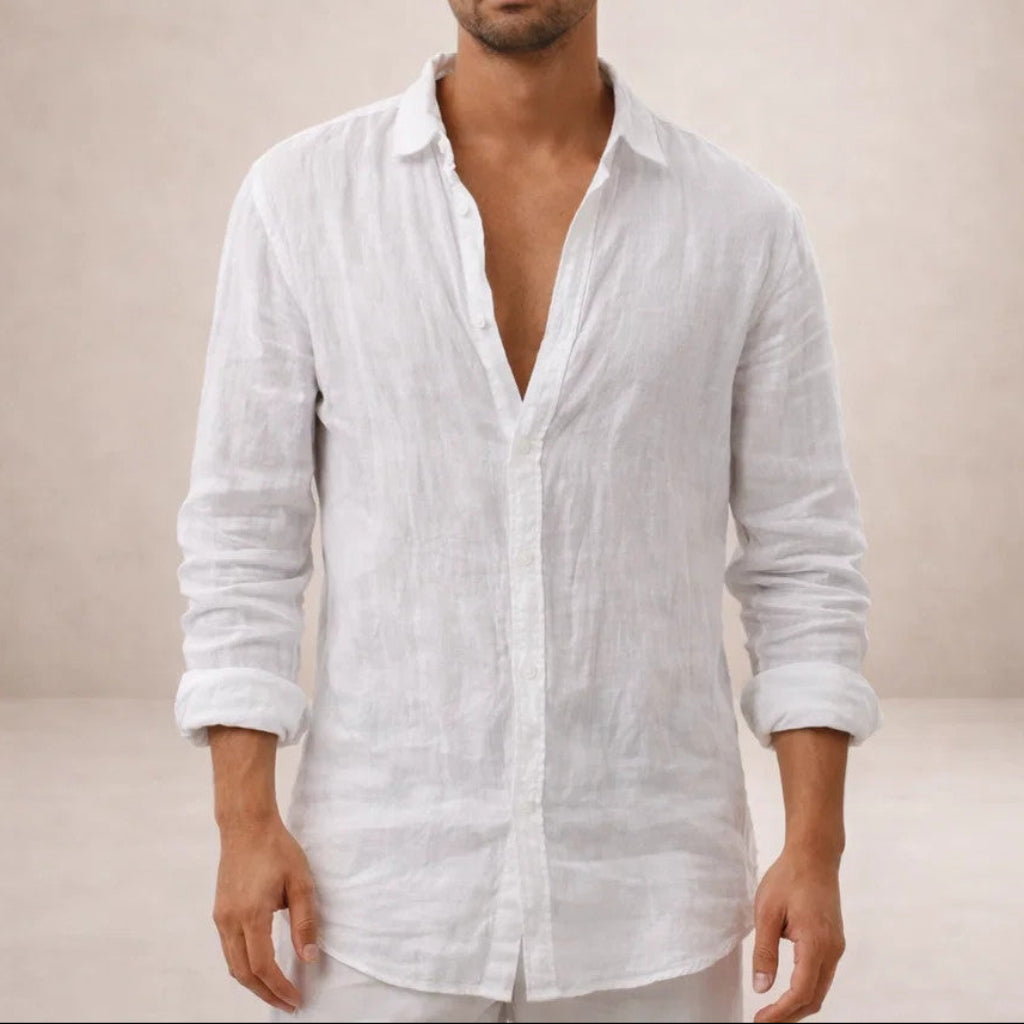 Camicia Uomo in Lino a Maniche Lunghe | Camicia Casual Regular Fit con Collo Aperto | Tessuto Leggero e Traspirante Estivo