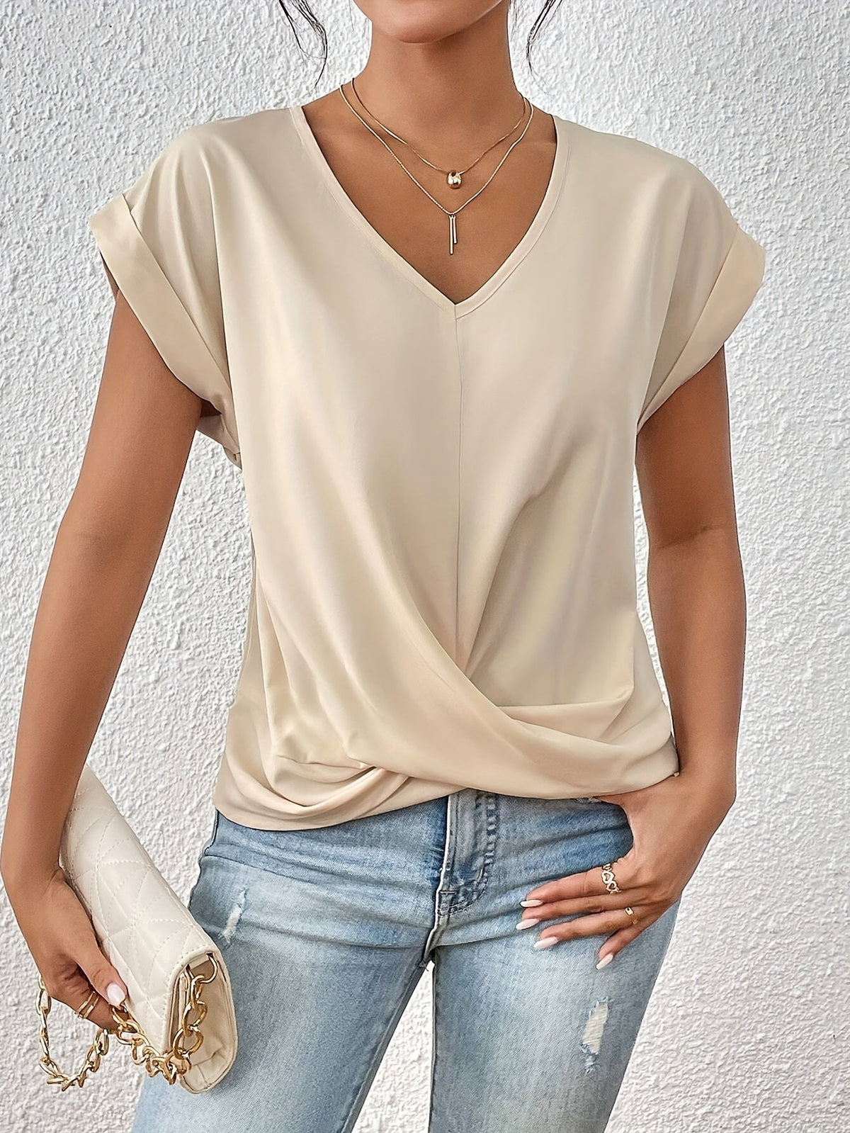 Top Donna – Scollo a V con Dettaglio Nodo, Drappeggio Elegante e Vestibilità Comoda