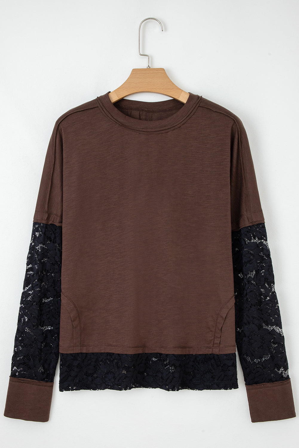 T-shirt casual a maniche lunghe con inserti in pizzo trasparente