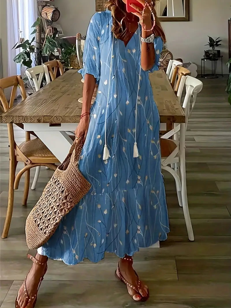 Abito Boho Charm da Donna – Elegante Vestito Estivo a Volant con Scollo a V e Motivo Ikat