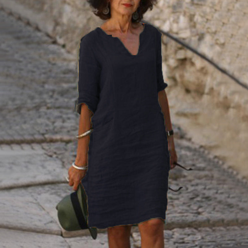 Abito casual in lino con scollo a V e vestibilità rilassata da donna