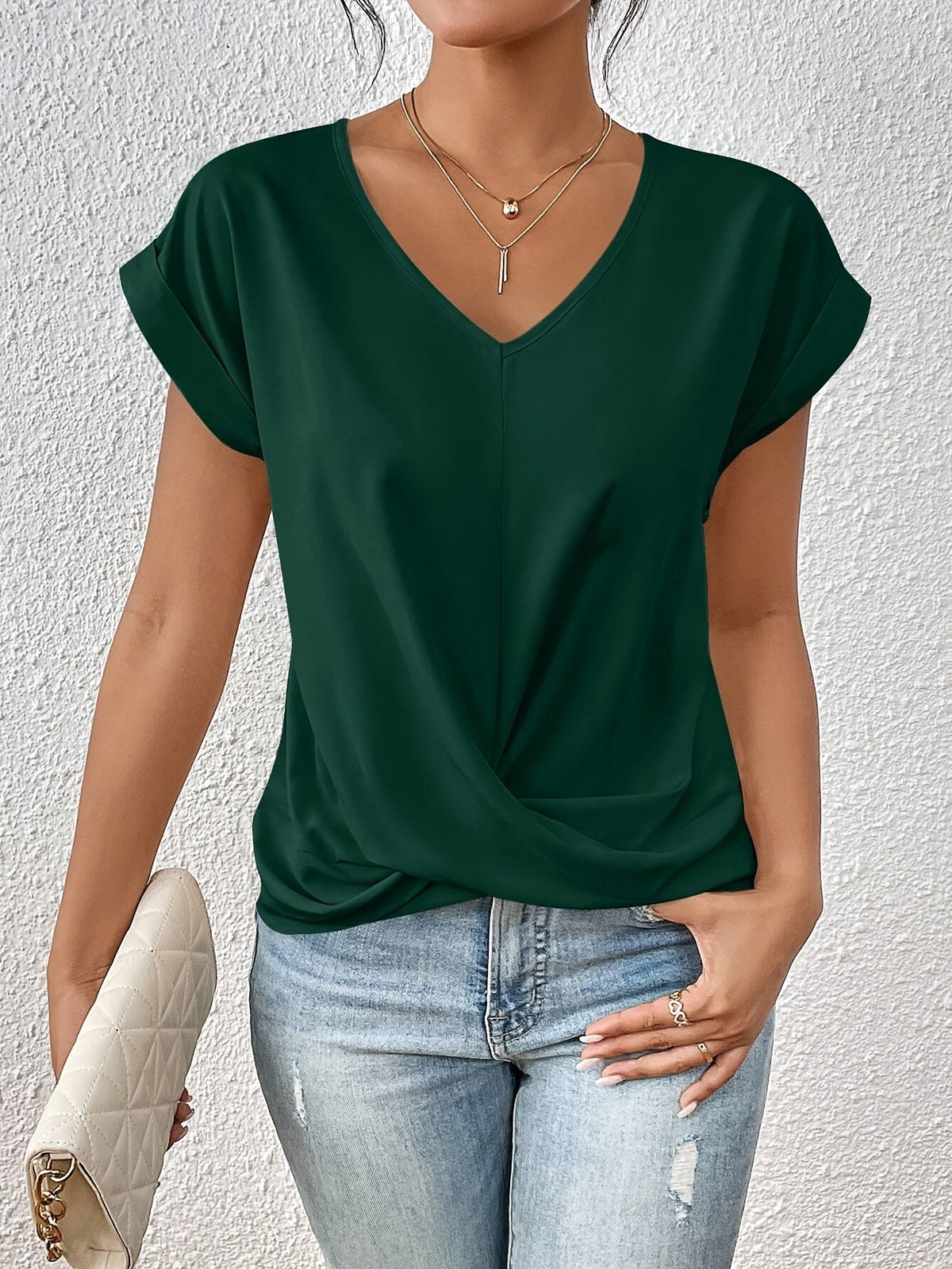 Top Donna – Scollo a V con Dettaglio Nodo, Drappeggio Elegante e Vestibilità Comoda