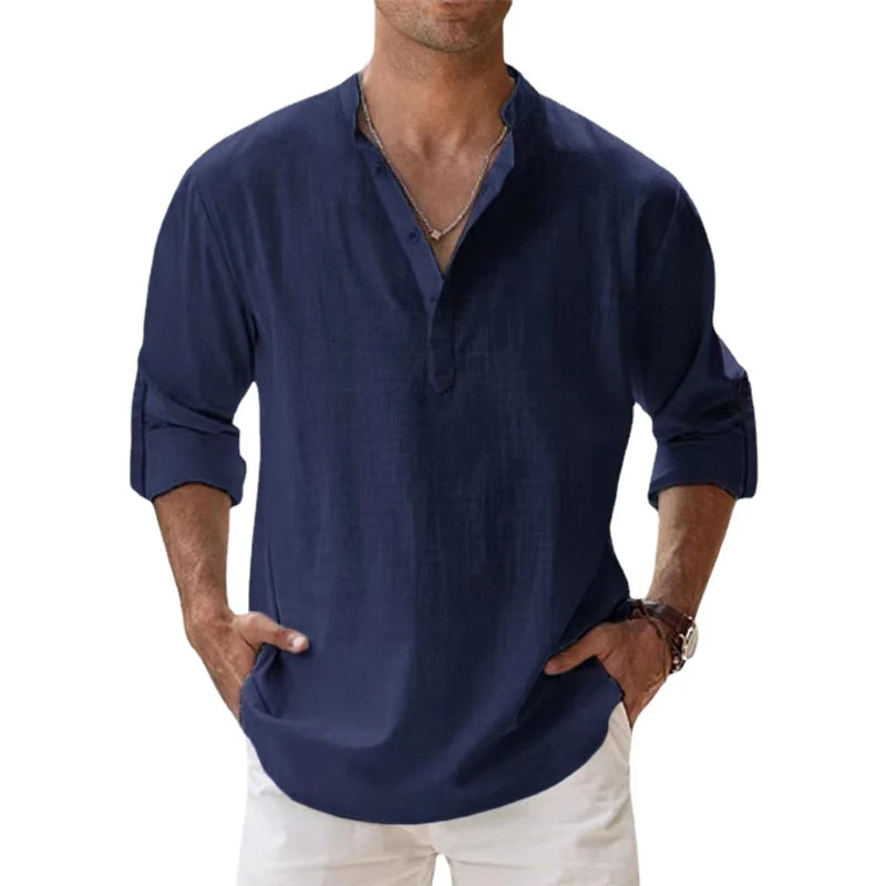 Camicia Henley in Lino da Uomo Vestibilità Comoda
