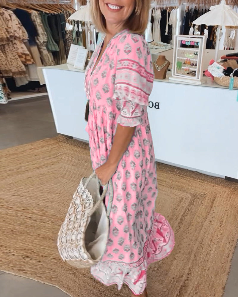 Abito da Donna – Abito Stampato con Scollo a V, Maniche a Tre Quarti e Vestibilità Comoda