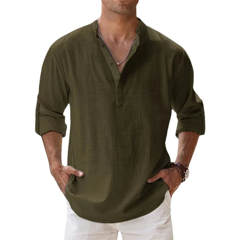Camicia Henley in Lino da Uomo Vestibilità Comoda Top Estivo con Bottoni
