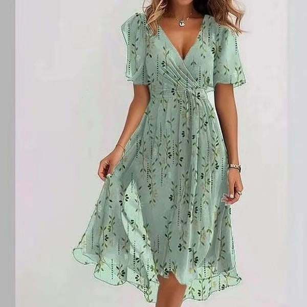 Emily Vestito Midi Donna – Abito Leggero in Chiffon con Stampa Floreale, Scollo a V e Vita Aderente