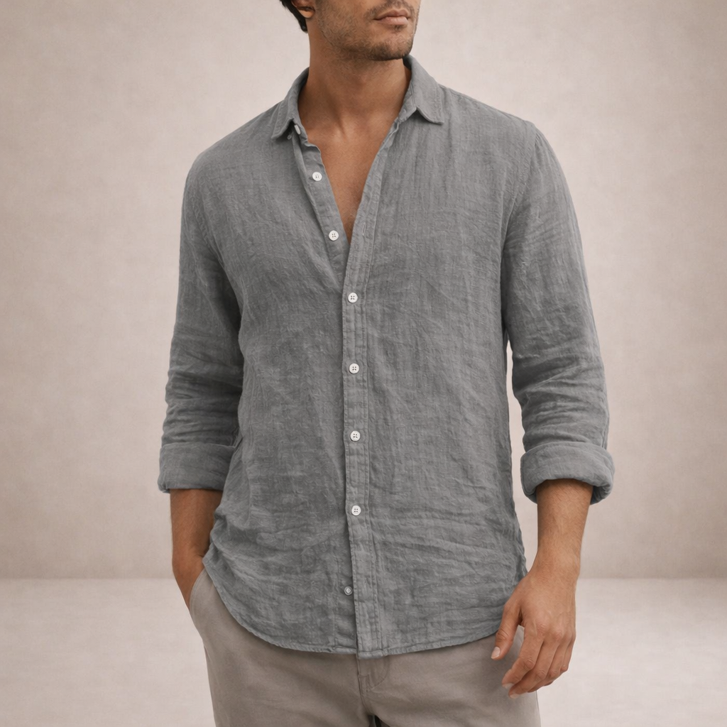 Camicia Uomo in Lino a Maniche Lunghe | Camicia Casual Regular Fit con Collo Aperto | Tessuto Leggero e Traspirante Estivo