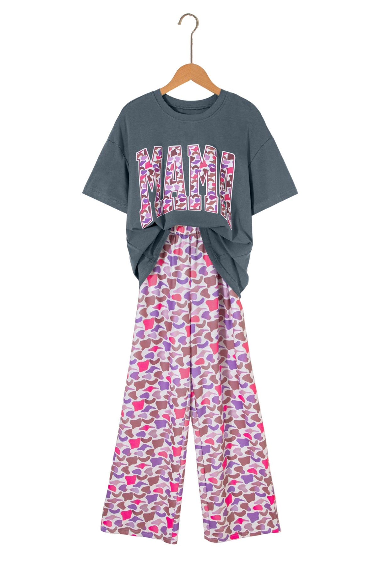 Set Coordinato Grigio Medio con T-shirt MAMA e Pantaloni Mimetici