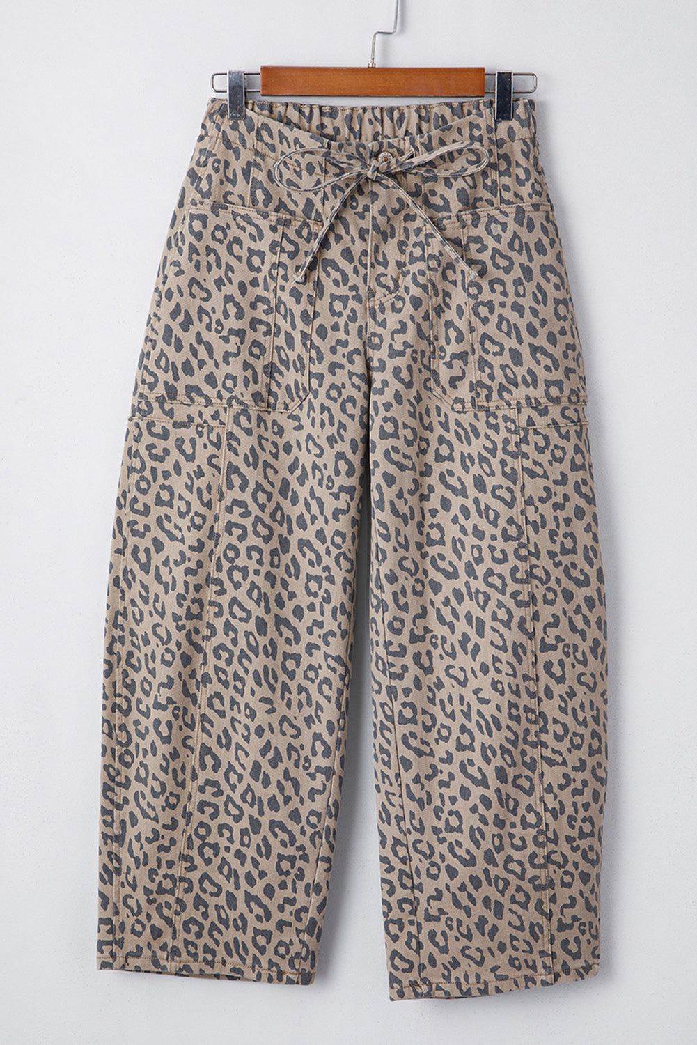 Jeans a Gamba Larga con Stampa Leopardata, Coulisse ed Elastico in Vita