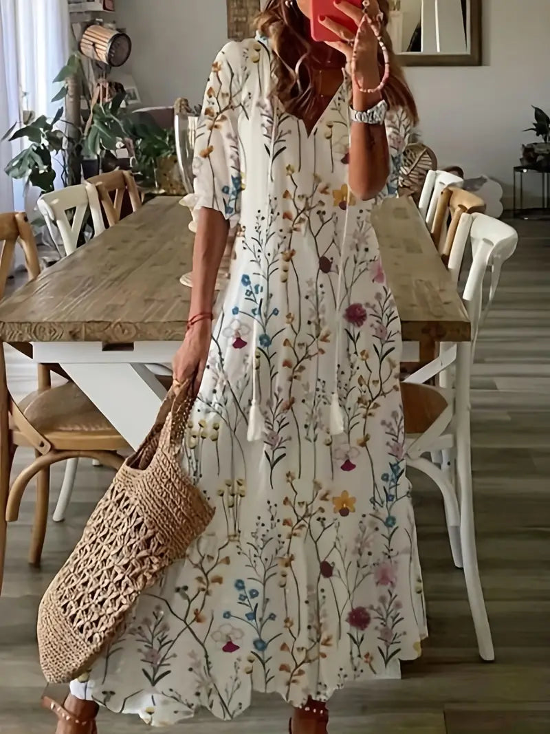 Abito Boho Charm da Donna – Elegante Vestito Estivo a Volant con Scollo a V e Motivo Ikat