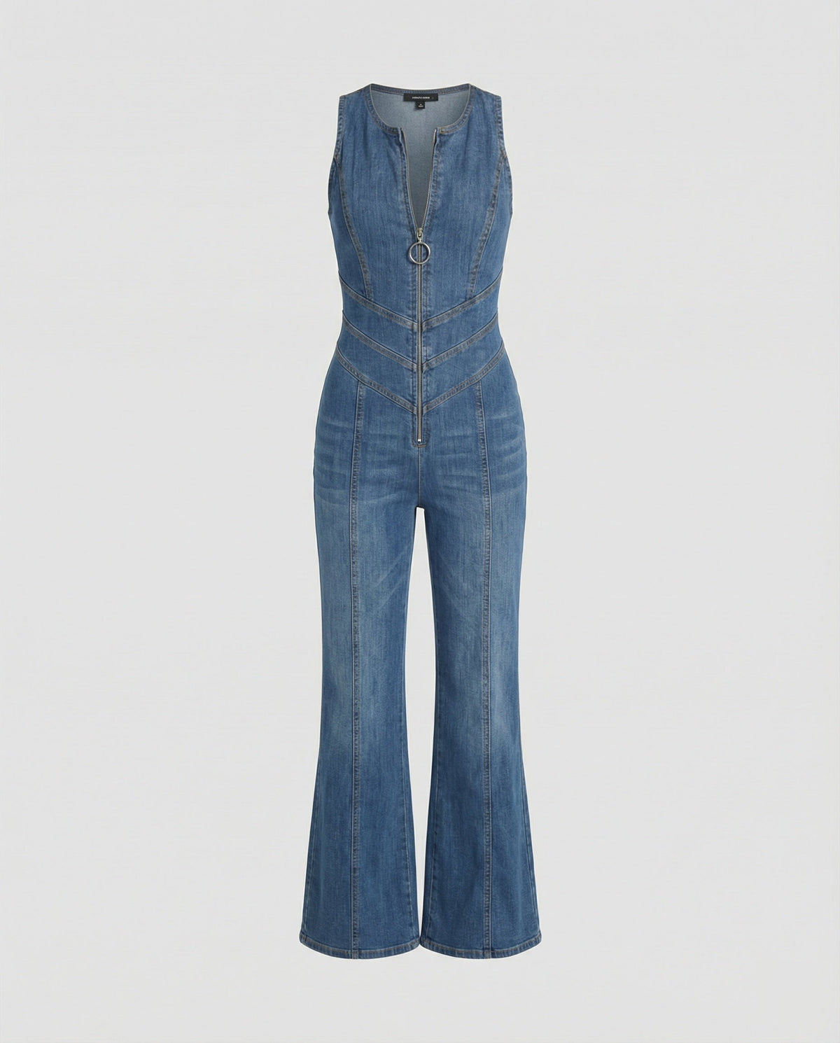 Tuta in denim da donna, scollatura a cuore sulla schiena, senza maniche, vita segnata, intera