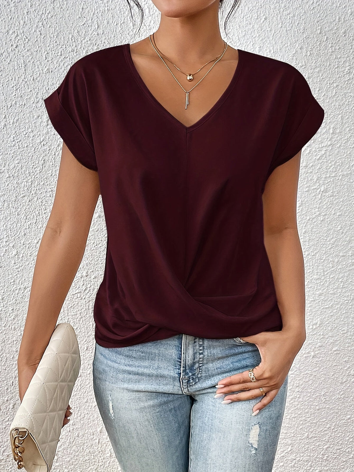 Top Donna – Scollo a V con Dettaglio Nodo, Drappeggio Elegante e Vestibilità Comoda