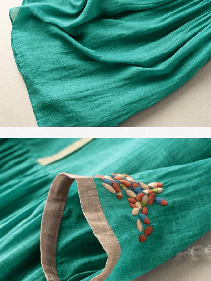 Abito Ricamato in Cotone e Lino con Design Etnico e Vestibilità Comoda