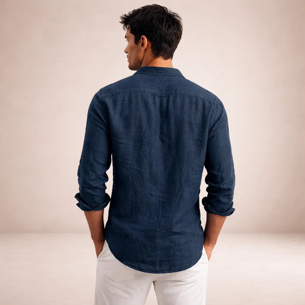 Camicia Uomo in Lino a Maniche Lunghe | Camicia Casual Regular Fit con Collo Aperto | Tessuto Leggero e Traspirante Estivo