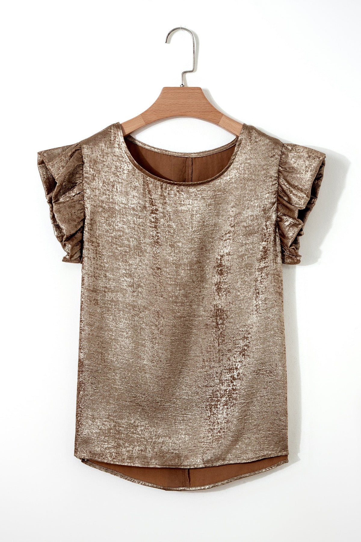 Top Smanicato Metallizzato Oro con Scollo Rotondo e Volant