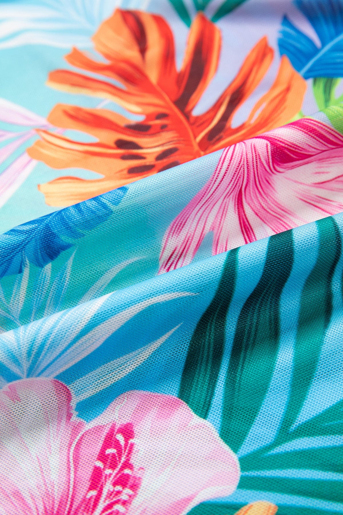 Vestito Copricostume da Spiaggia Semitrasparente con Scollo a V e Stampa Tropicale Celeste