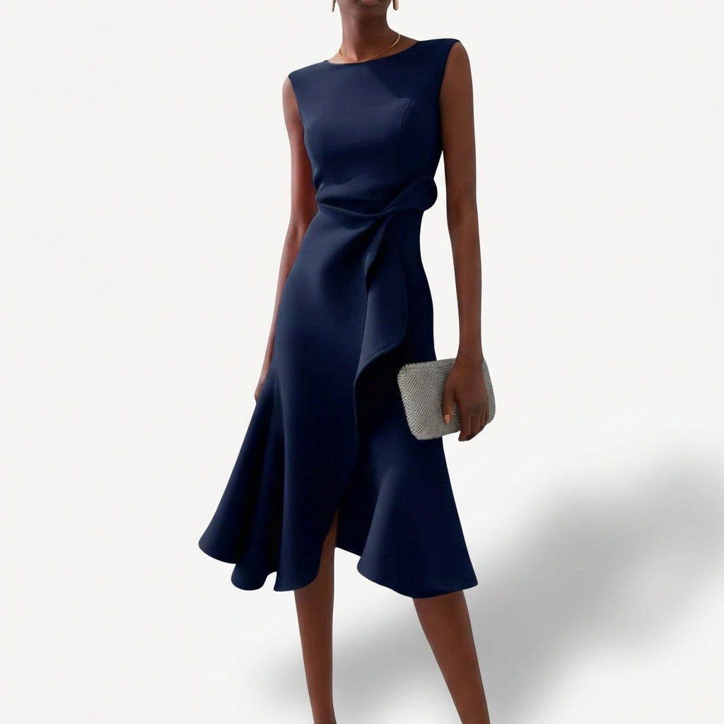 Vestito Midi Drappeggiato con Volant Asimmetrico