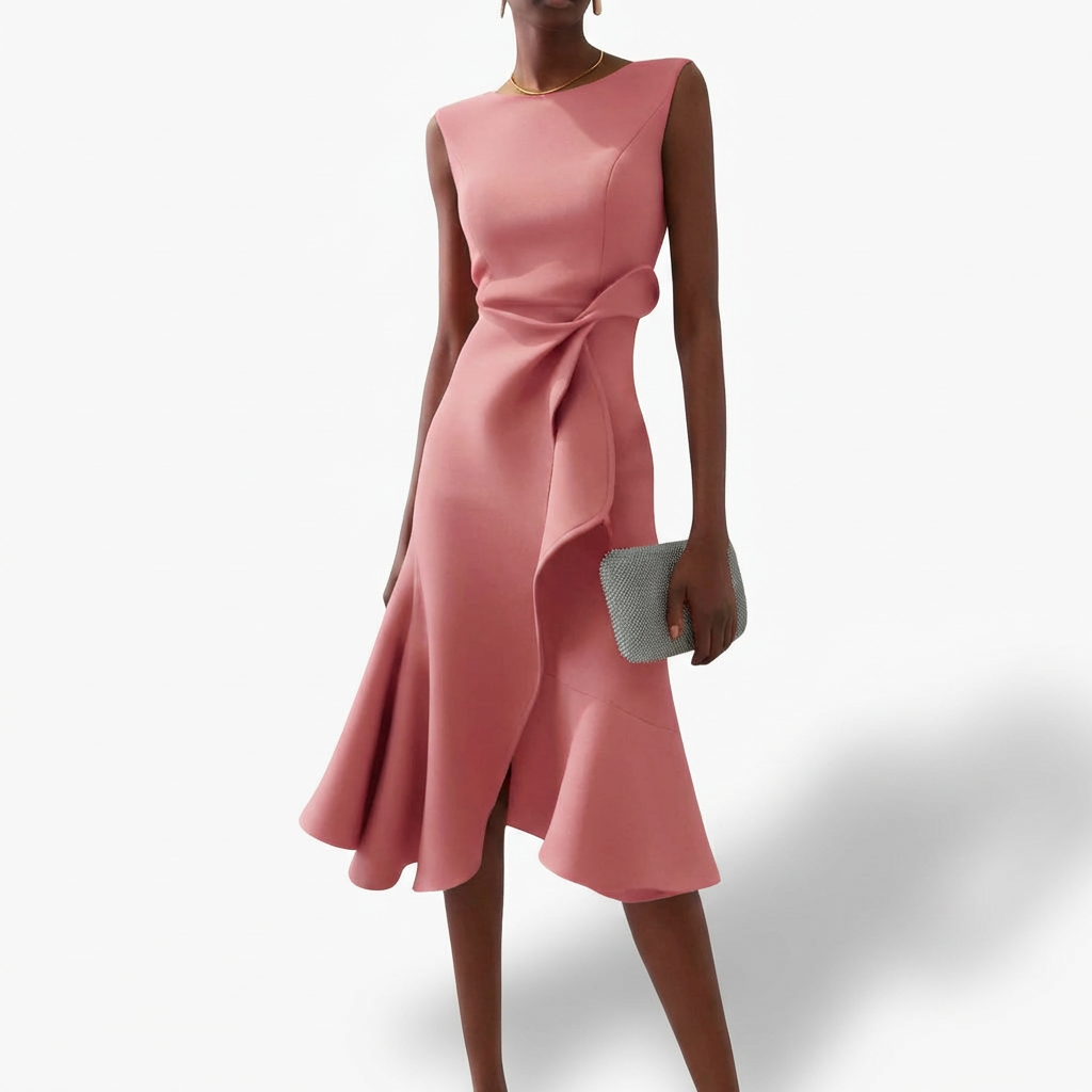 Vestito Midi Drappeggiato con Volant Asimmetrico