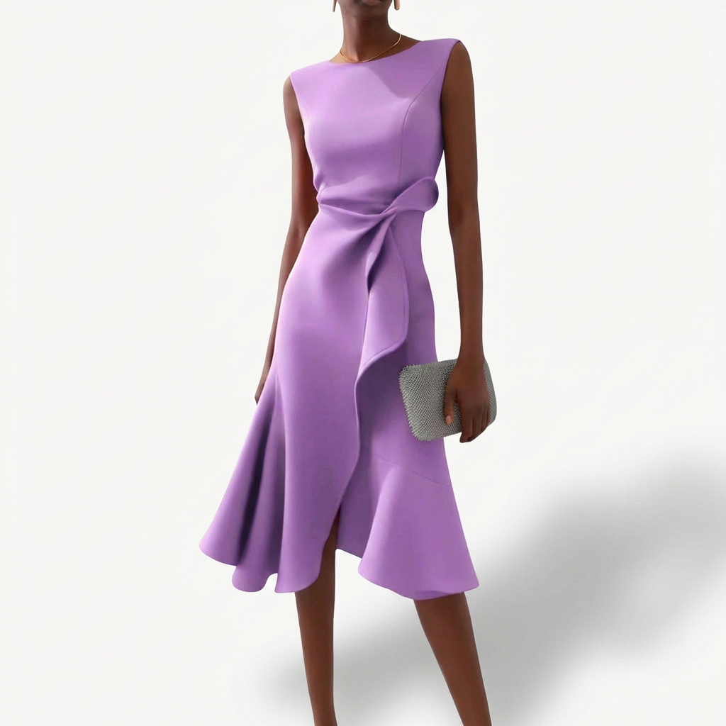 Vestito Midi Drappeggiato con Volant Asimmetrico