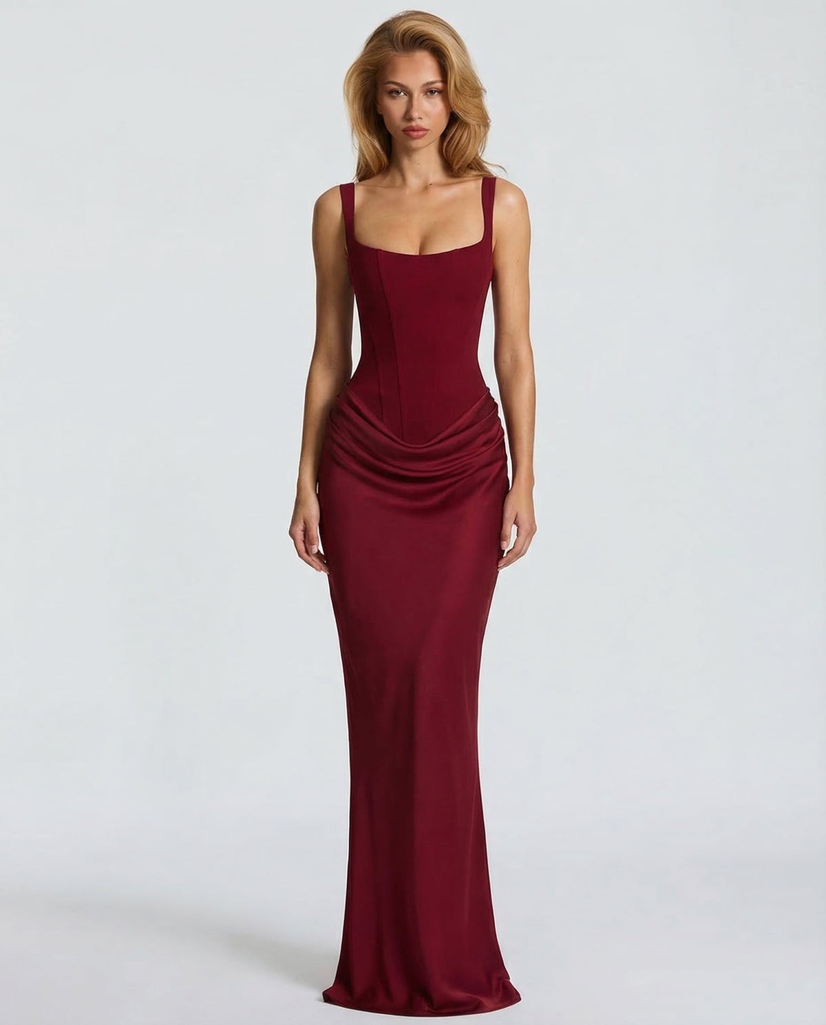 Abito Maxi a Corsetto con Vita Drappeggiata e Silhouette Scolpita