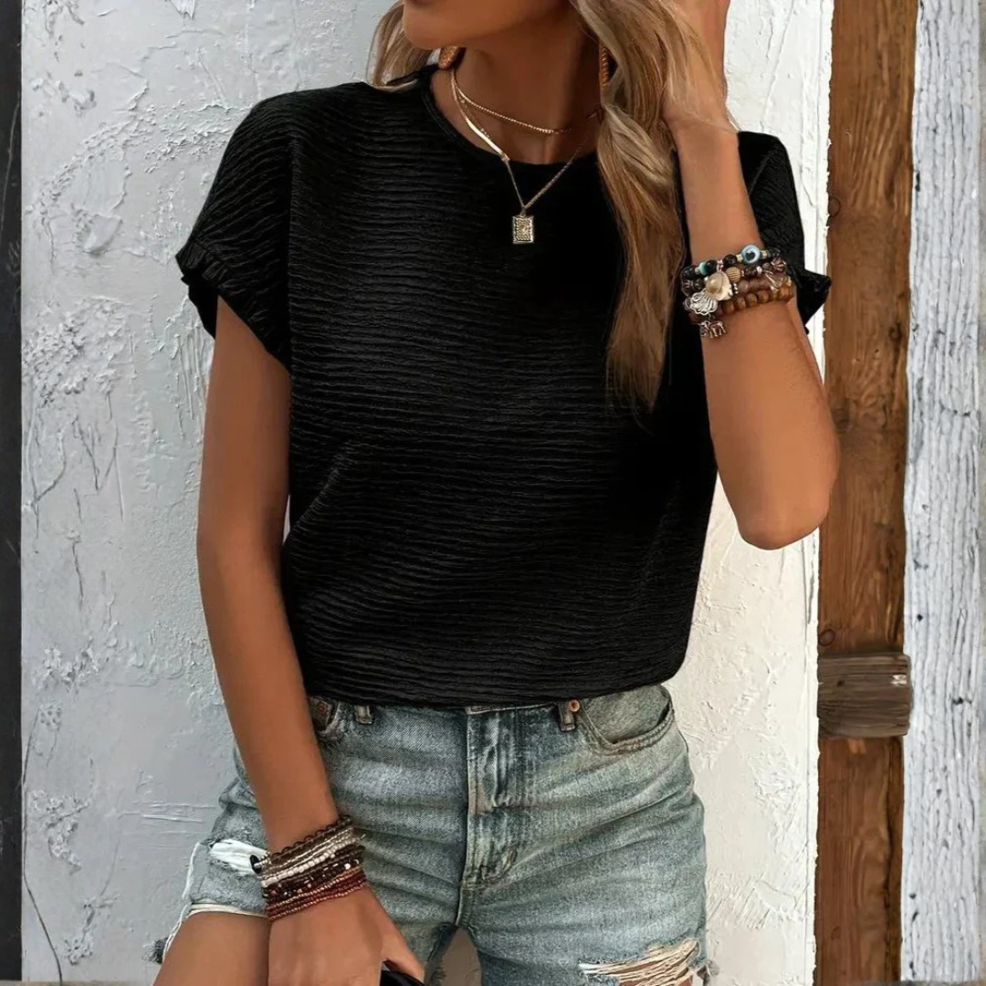 Aroa | T-Shirt Basic Donna Manica Corta Volant Collo Tondo Texture Lisa