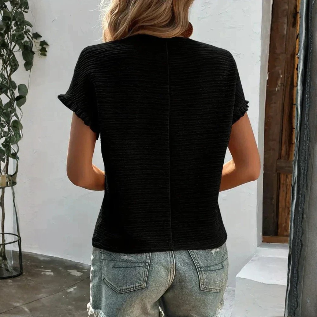 Aroa | T-Shirt Basic Donna Manica Corta Volant Collo Tondo Texture Lisa