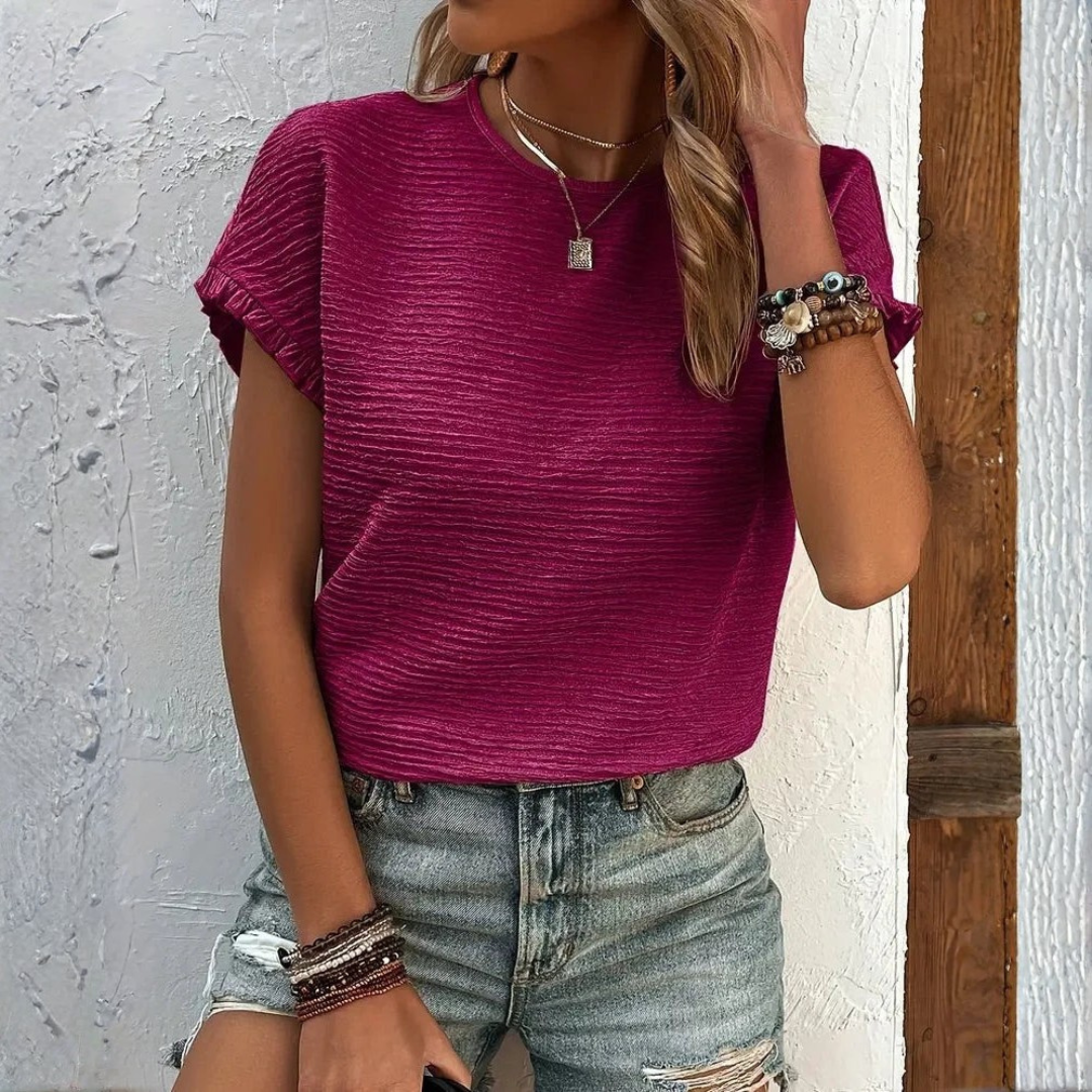 Aroa | T-Shirt Basic Donna Manica Corta Volant Collo Tondo Texture Lisa