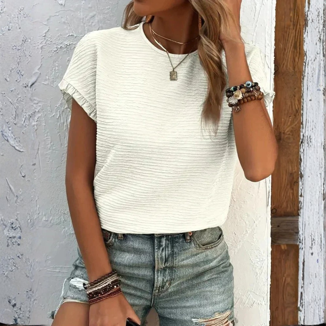 Aroa | T-Shirt Basic Donna Manica Corta Volant Collo Tondo Texture Lisa