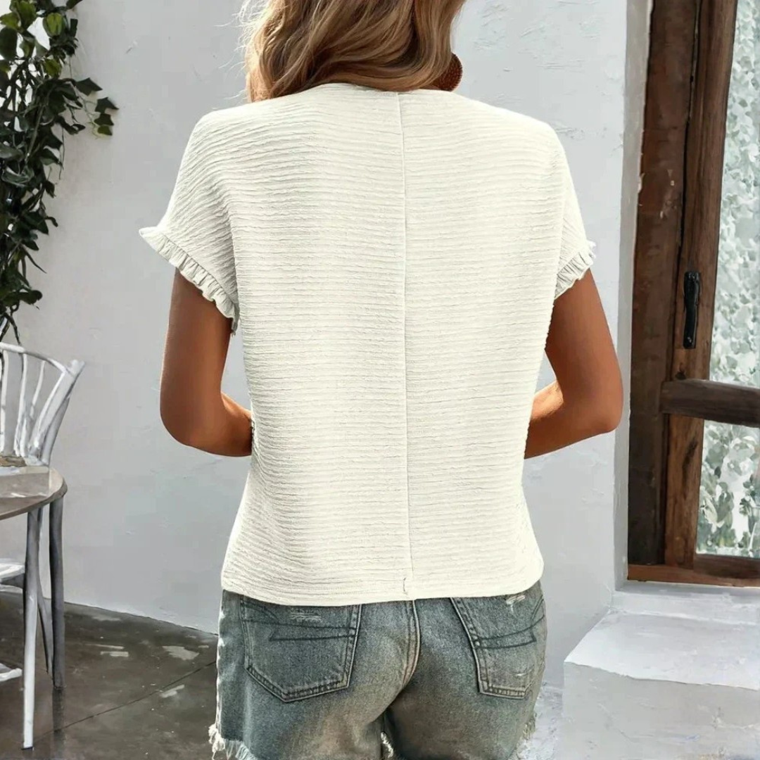 Aroa | T-Shirt Basic Donna Manica Corta Volant Collo Tondo Texture Lisa