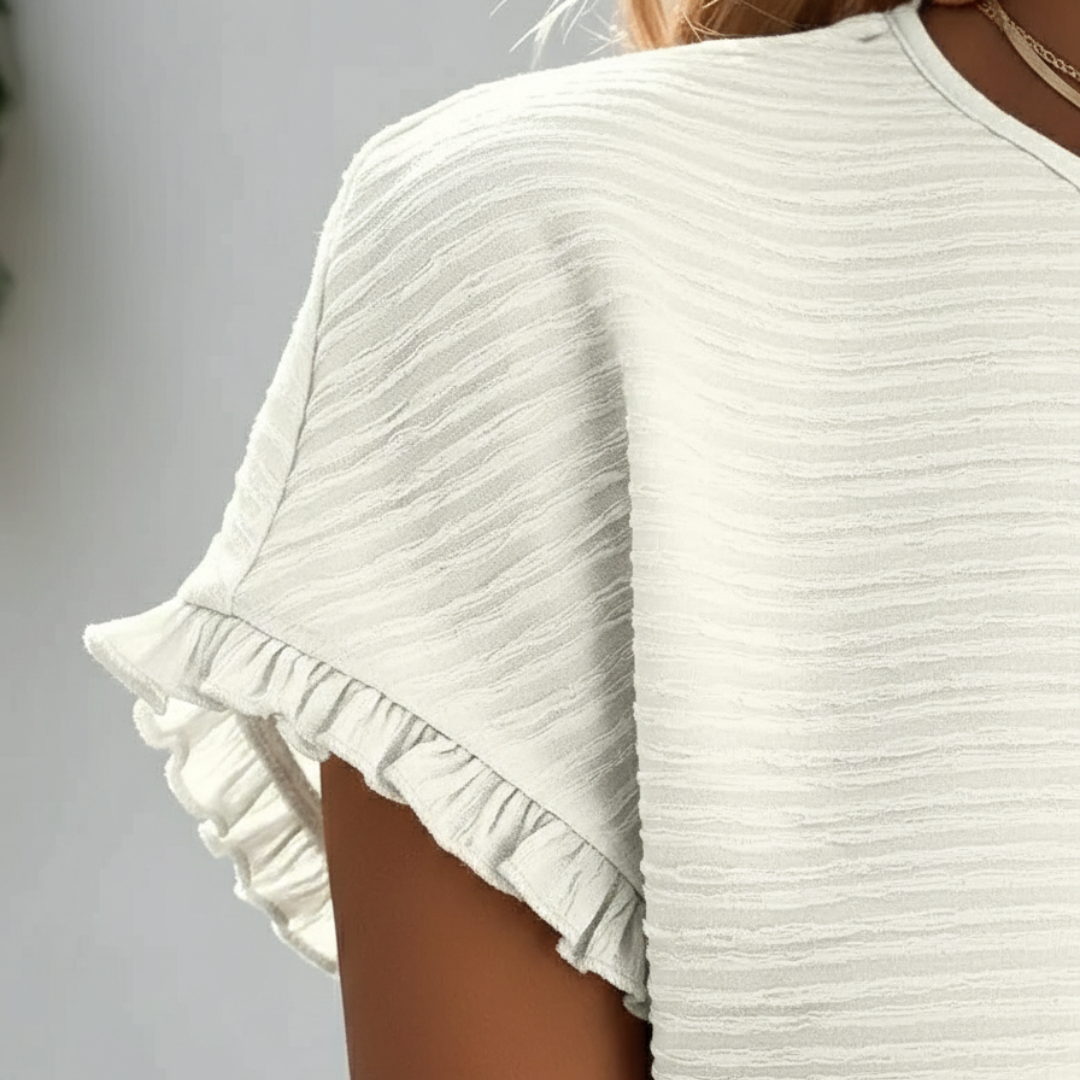 Aroa | T-Shirt Basic Donna Manica Corta Volant Collo Tondo Texture Lisa