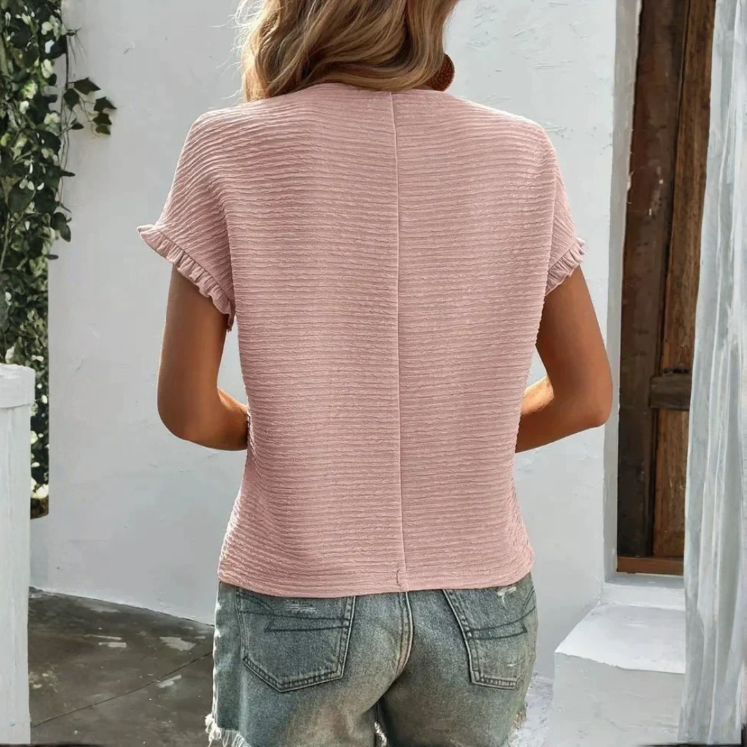 Aroa | T-Shirt Basic Donna Manica Corta Volant Collo Tondo Texture Lisa