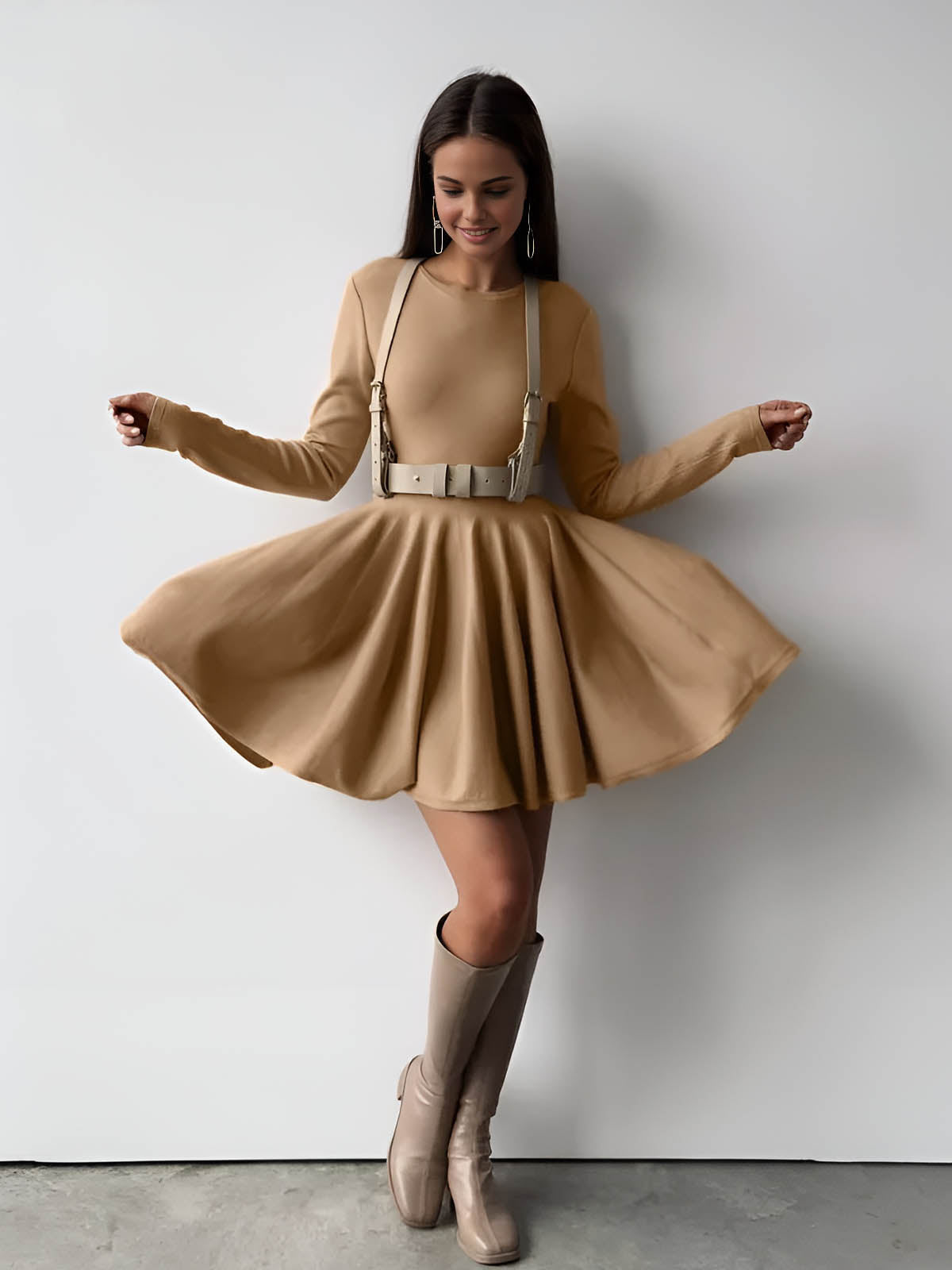 Alina | Elegante Abito Skater da Donna in Crema con Maniche Lunghe