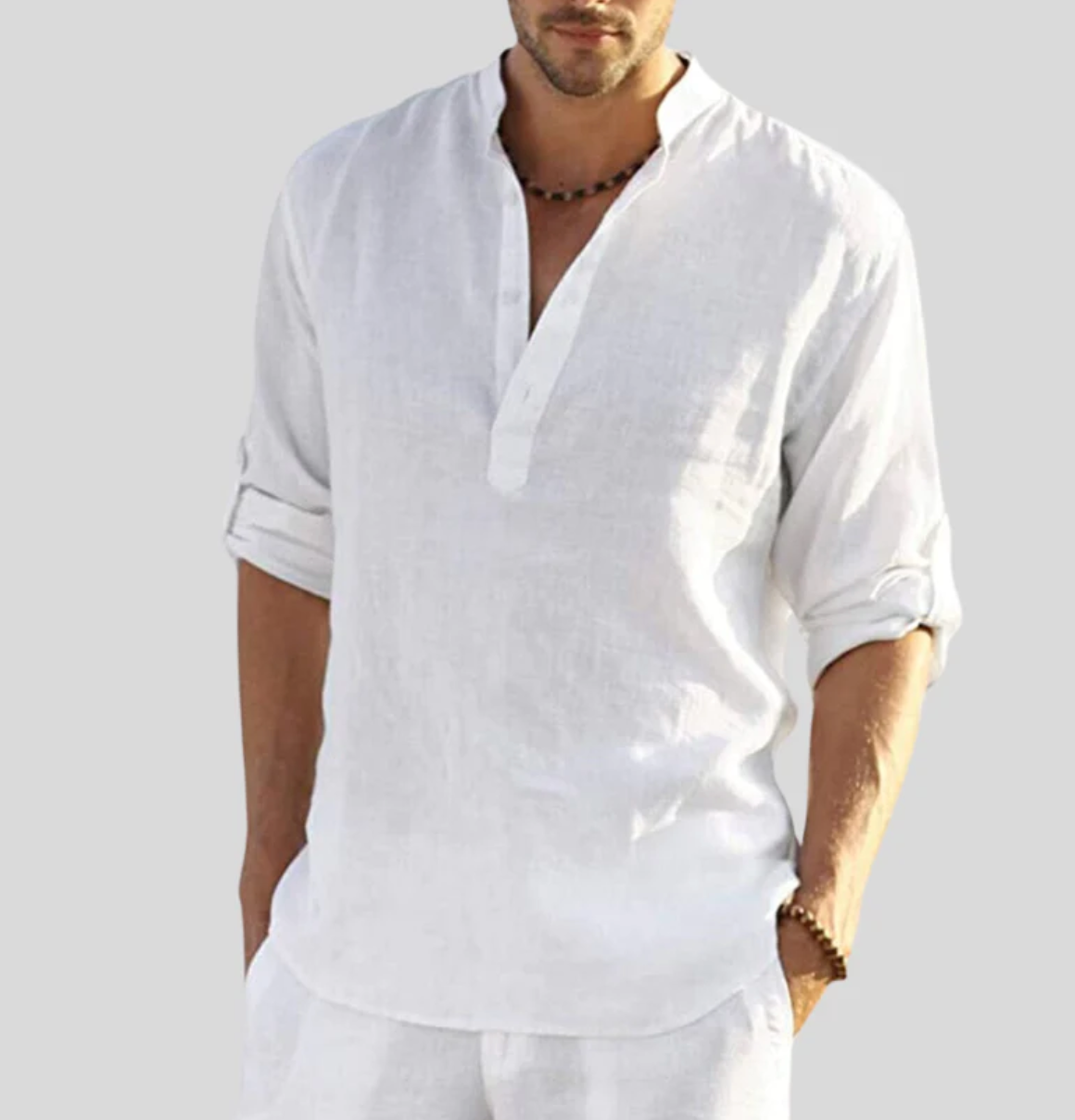 Camicia in Lino da Uomo – Camicia Estiva Traspirante con Mezza Abbottonatura e Maniche Risvoltabili